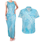 Aotearoa Maori Koru Curves Couples Matching Tank Maxi Dress and Hawaiian Shirt Silver Ferns - Turquoise