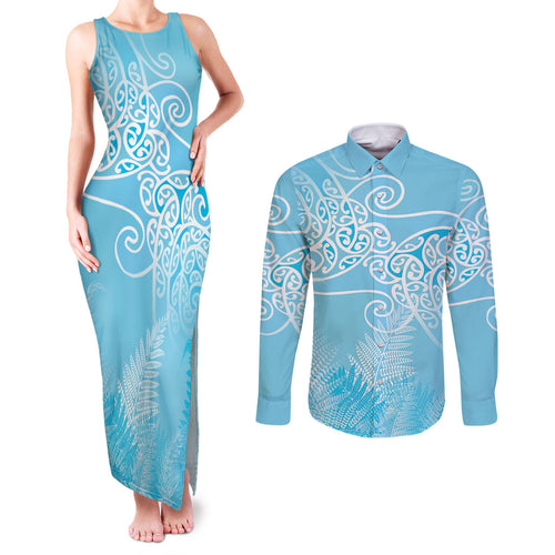 Aotearoa Maori Koru Curves Couples Matching Tank Maxi Dress and Long Sleeve Button Shirt Silver Ferns - Turquoise