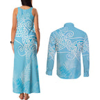 Aotearoa Maori Koru Curves Couples Matching Tank Maxi Dress and Long Sleeve Button Shirt Silver Ferns - Turquoise