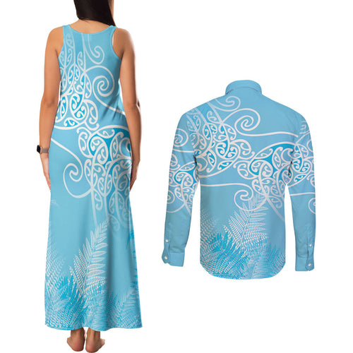 Aotearoa Maori Koru Curves Couples Matching Tank Maxi Dress and Long Sleeve Button Shirt Silver Ferns - Turquoise