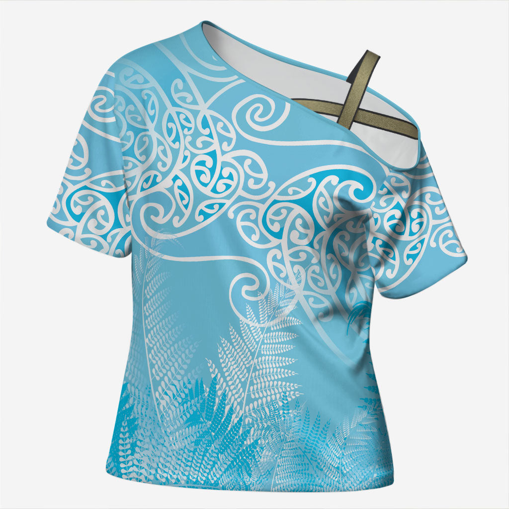 Aotearoa Maori Koru Curves Cross Shoulder Shirt Silver Ferns - Turquoise