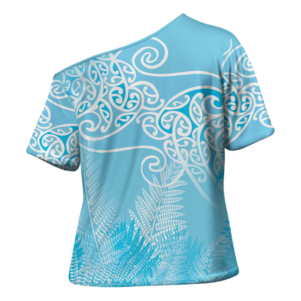 Aotearoa Maori Koru Curves Cross Shoulder Shirt Silver Ferns - Turquoise