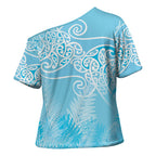 Aotearoa Maori Koru Curves Cross Shoulder Shirt Silver Ferns - Turquoise