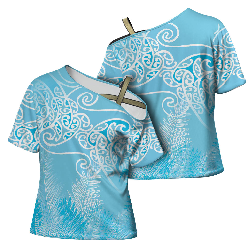 Aotearoa Maori Koru Curves Cross Shoulder Shirt Silver Ferns - Turquoise