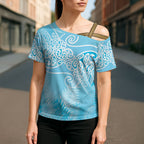 Aotearoa Maori Koru Curves Cross Shoulder Shirt Silver Ferns - Turquoise