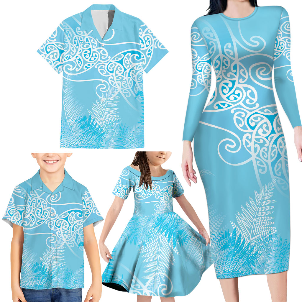 Aotearoa Maori Koru Curves Family Matching Long Sleeve Bodycon Dress and Hawaiian Shirt Silver Ferns - Turquoise