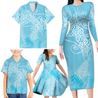 Aotearoa Maori Koru Curves Family Matching Long Sleeve Bodycon Dress and Hawaiian Shirt Silver Ferns - Turquoise