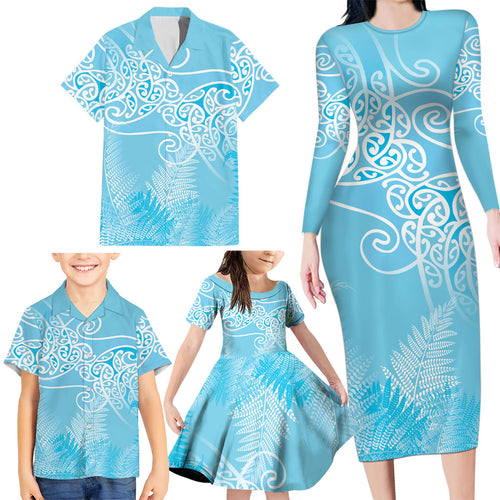Aotearoa Maori Koru Curves Family Matching Long Sleeve Bodycon Dress and Hawaiian Shirt Silver Ferns - Turquoise