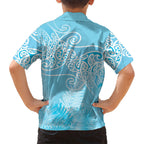 Aotearoa Maori Koru Curves Family Matching Long Sleeve Bodycon Dress and Hawaiian Shirt Silver Ferns - Turquoise
