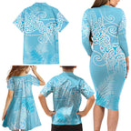 Aotearoa Maori Koru Curves Family Matching Long Sleeve Bodycon Dress and Hawaiian Shirt Silver Ferns - Turquoise
