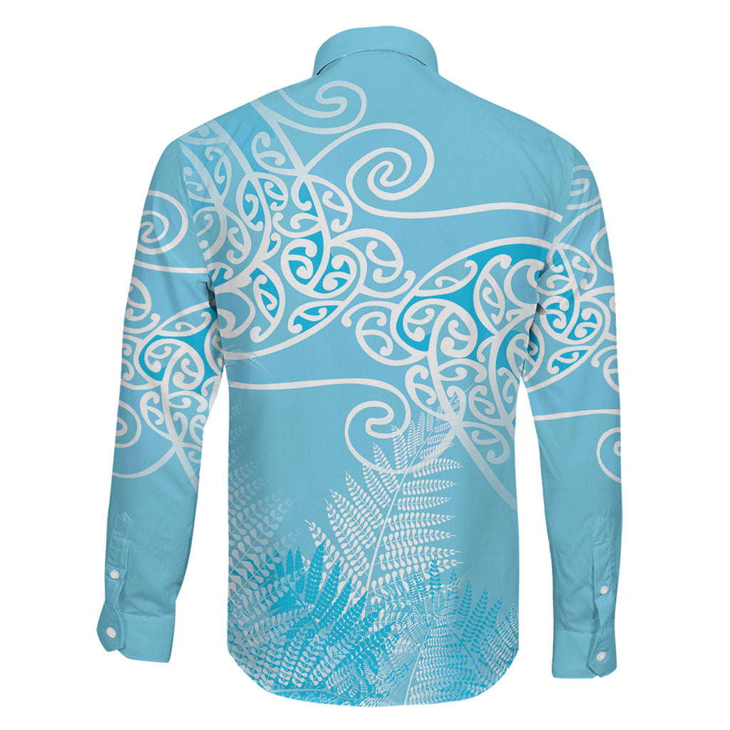 Aotearoa Maori Koru Curves Family Matching Long Sleeve Bodycon Dress and Hawaiian Shirt Silver Ferns - Turquoise
