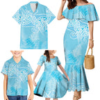 Aotearoa Maori Koru Curves Family Matching Mermaid Dress and Hawaiian Shirt Silver Ferns - Turquoise