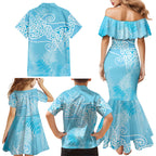 Aotearoa Maori Koru Curves Family Matching Mermaid Dress and Hawaiian Shirt Silver Ferns - Turquoise