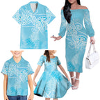 Aotearoa Maori Koru Curves Family Matching Off The Shoulder Long Sleeve Dress and Hawaiian Shirt Silver Ferns - Turquoise