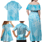 Aotearoa Maori Koru Curves Family Matching Off Shoulder Maxi Dress and Hawaiian Shirt Silver Ferns - Turquoise