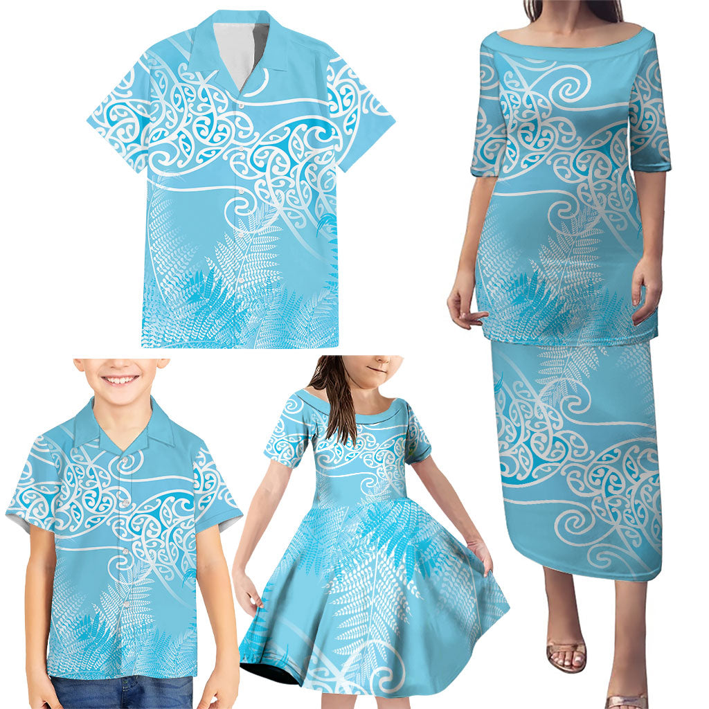 Aotearoa Maori Koru Curves Family Matching Puletasi and Hawaiian Shirt Silver Ferns - Turquoise