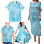 Aotearoa Maori Koru Curves Family Matching Puletasi and Hawaiian Shirt Silver Ferns - Turquoise