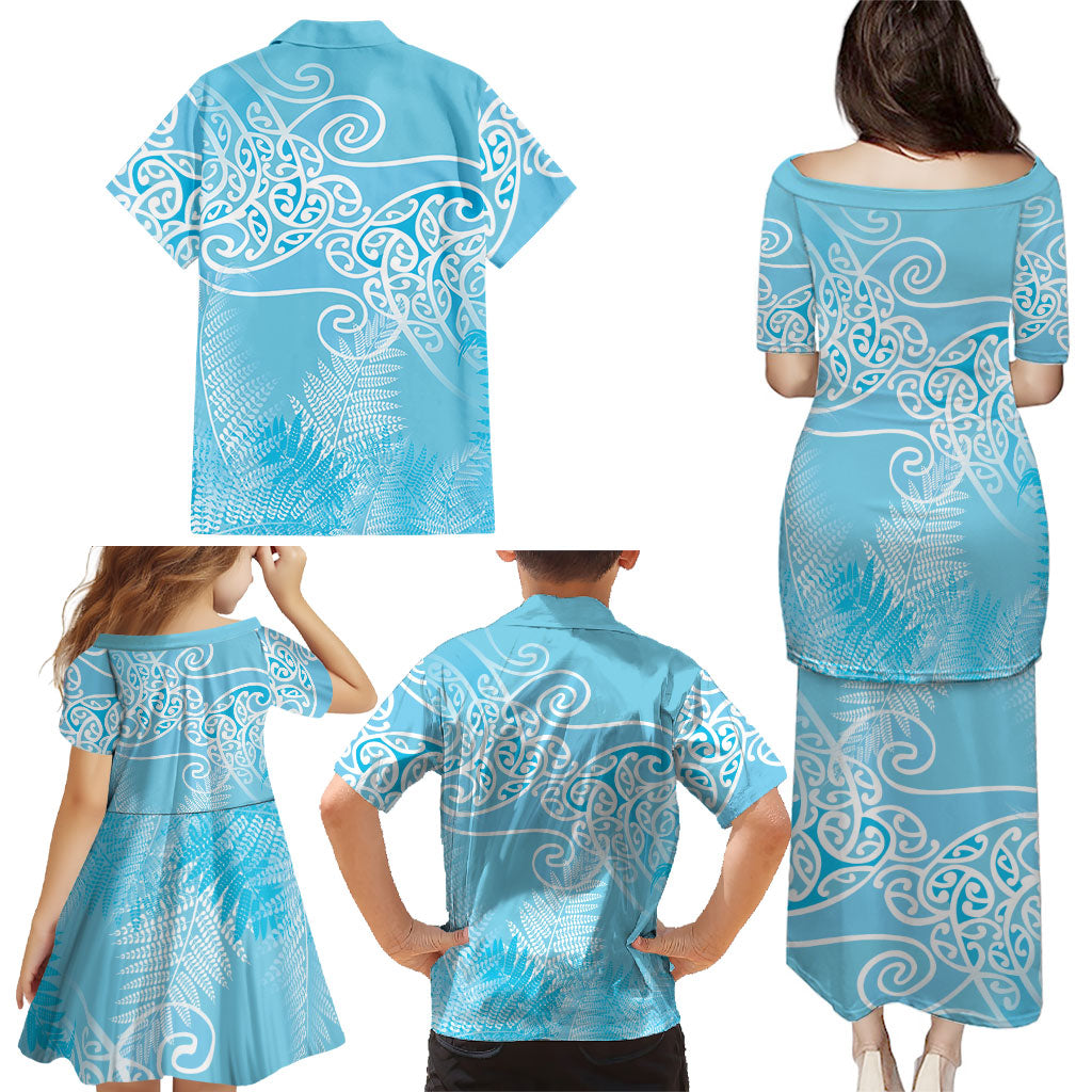 Aotearoa Maori Koru Curves Family Matching Puletasi and Hawaiian Shirt Silver Ferns - Turquoise