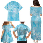 Aotearoa Maori Koru Curves Family Matching Puletasi and Hawaiian Shirt Silver Ferns - Turquoise