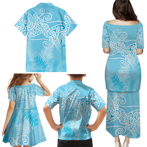 Aotearoa Maori Koru Curves Family Matching Puletasi and Hawaiian Shirt Silver Ferns - Turquoise