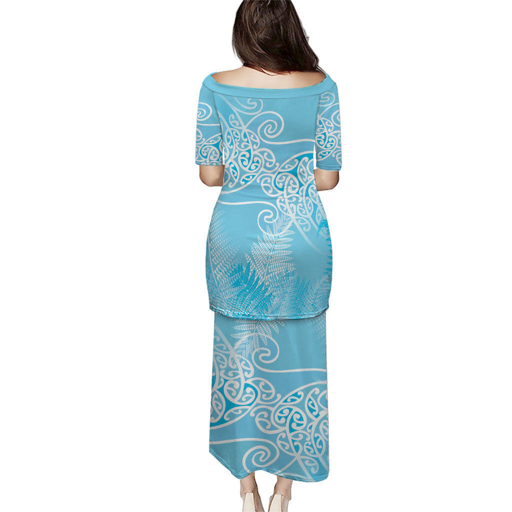 Aotearoa Maori Koru Curves Family Matching Puletasi and Hawaiian Shirt Silver Ferns - Turquoise