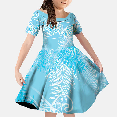 Aotearoa Maori Koru Curves Family Matching Short Sleeve Bodycon Dress and Hawaiian Shirt Silver Ferns - Turquoise