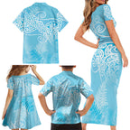 Aotearoa Maori Koru Curves Family Matching Short Sleeve Bodycon Dress and Hawaiian Shirt Silver Ferns - Turquoise