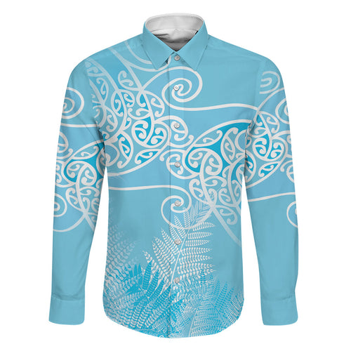 Aotearoa Maori Koru Curves Family Matching Short Sleeve Bodycon Dress and Hawaiian Shirt Silver Ferns - Turquoise