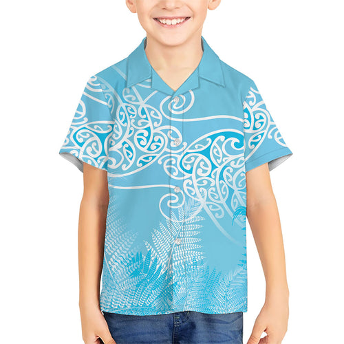 Aotearoa Maori Koru Curves Family Matching Tank Maxi Dress and Hawaiian Shirt Silver Ferns - Turquoise