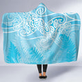 Aotearoa Maori Koru Curves Hooded Blanket Silver Ferns - Turquoise