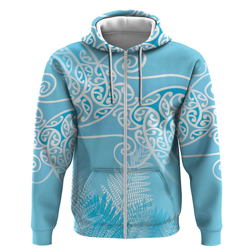 Aotearoa Maori Koru Curves Hoodie Silver Ferns - Turquoise