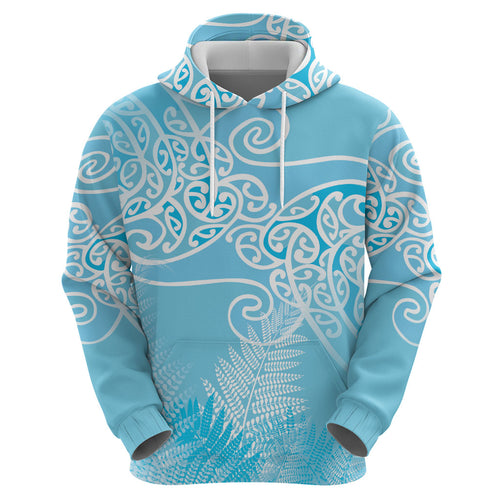 Aotearoa Maori Koru Curves Hoodie Silver Ferns - Turquoise
