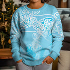 Aotearoa Maori Koru Curves Kid Ugly Christmas Sweater Silver Ferns - Turquoise