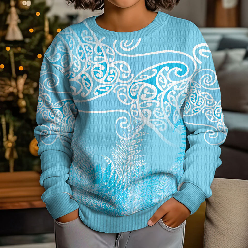 Aotearoa Maori Koru Curves Kid Ugly Christmas Sweater Silver Ferns - Turquoise