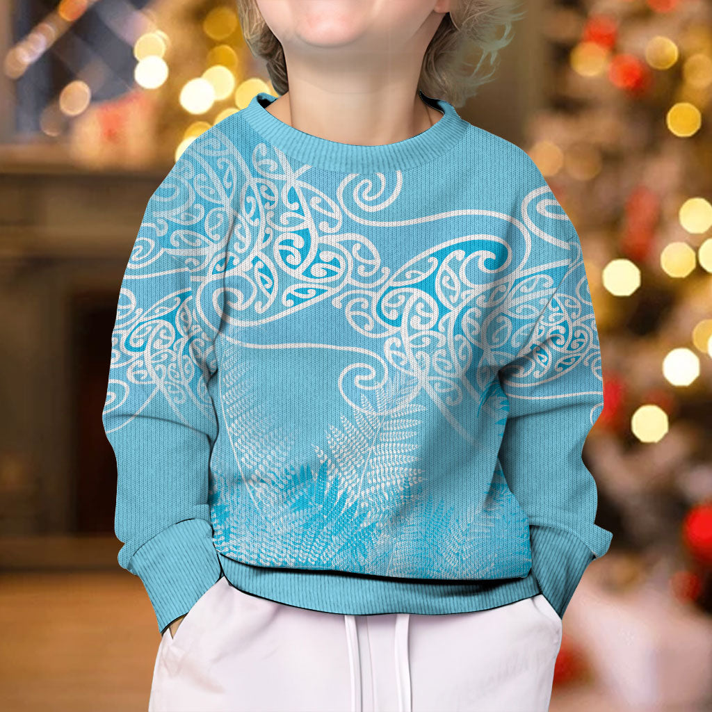 Aotearoa Maori Koru Curves Kid Ugly Christmas Sweater Silver Ferns - Turquoise