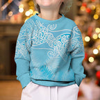 Aotearoa Maori Koru Curves Kid Ugly Christmas Sweater Silver Ferns - Turquoise