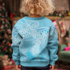 Aotearoa Maori Koru Curves Kid Ugly Christmas Sweater Silver Ferns - Turquoise
