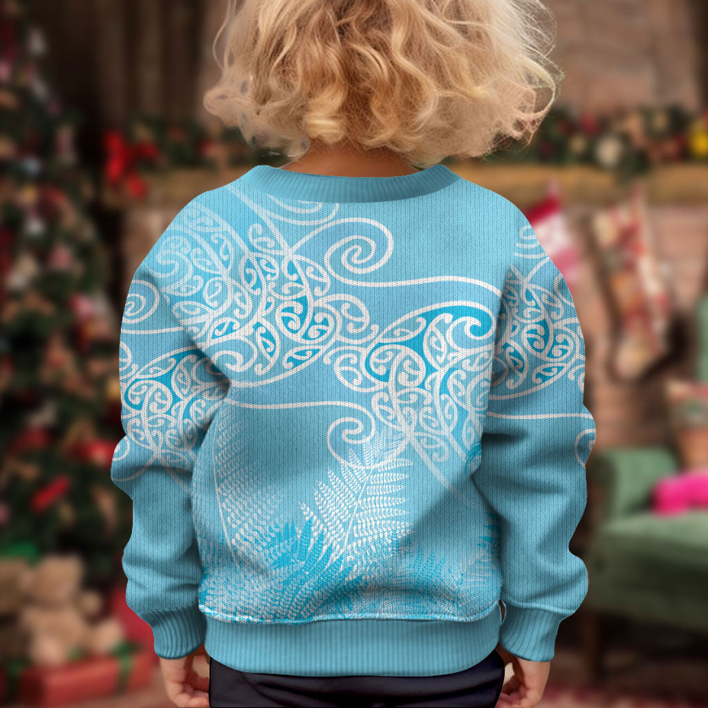 Aotearoa Maori Koru Curves Kid Ugly Christmas Sweater Silver Ferns - Turquoise