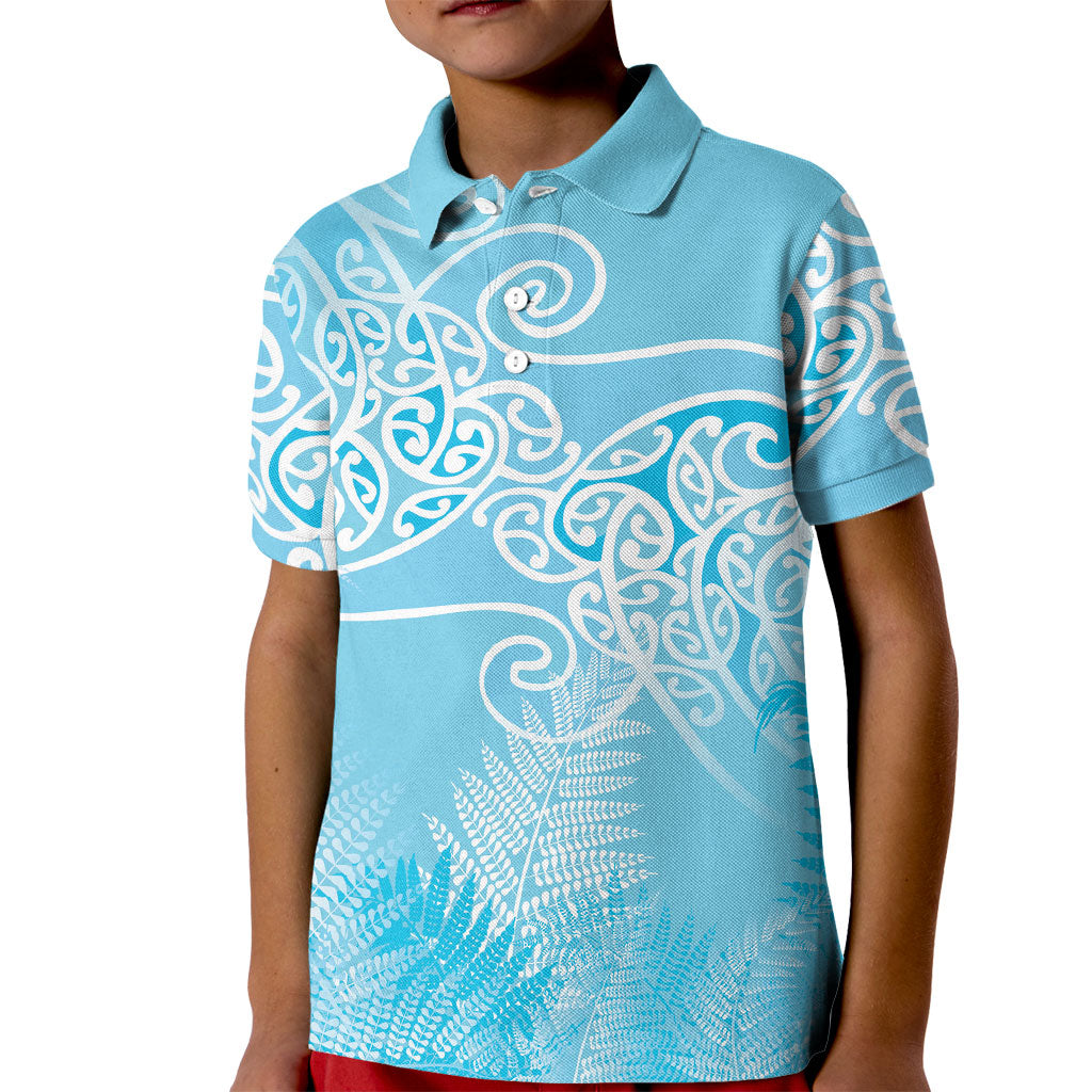 Aotearoa Maori Koru Curves Kid Polo Shirt Silver Ferns - Turquoise