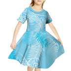 Aotearoa Maori Koru Curves Kid Short Sleeve Dress Silver Ferns - Turquoise