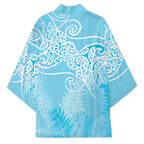 Aotearoa Maori Koru Curves Kimono Silver Ferns - Turquoise