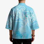 Aotearoa Maori Koru Curves Kimono Silver Ferns - Turquoise