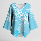 Aotearoa Maori Koru Curves Kimono Sleeve Blouse Silver Ferns - Turquoise