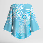 Aotearoa Maori Koru Curves Kimono Sleeve Blouse Silver Ferns - Turquoise