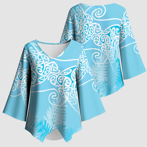 Aotearoa Maori Koru Curves Kimono Sleeve Blouse Silver Ferns - Turquoise