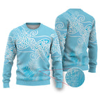 Aotearoa Maori Koru Curves Ugly Christmas Sweater Silver Ferns - Turquoise