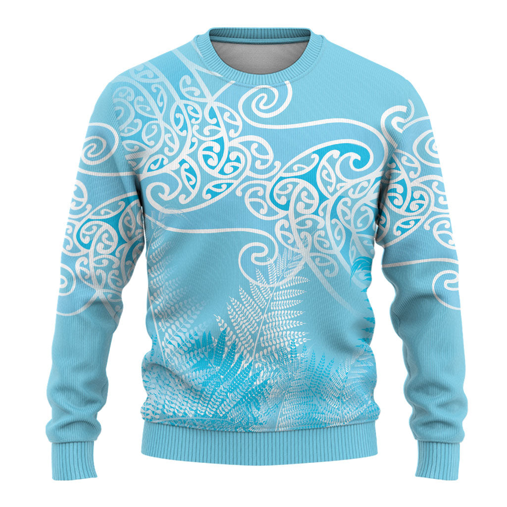 Aotearoa Maori Koru Curves Ugly Christmas Sweater Silver Ferns - Turquoise