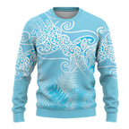 Aotearoa Maori Koru Curves Ugly Christmas Sweater Silver Ferns - Turquoise