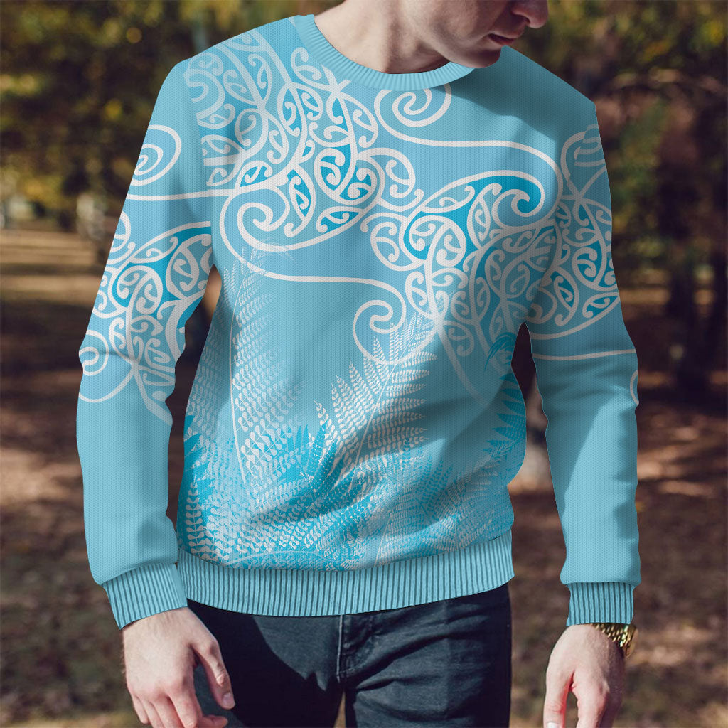 Aotearoa Maori Koru Curves Ugly Christmas Sweater Silver Ferns - Turquoise
