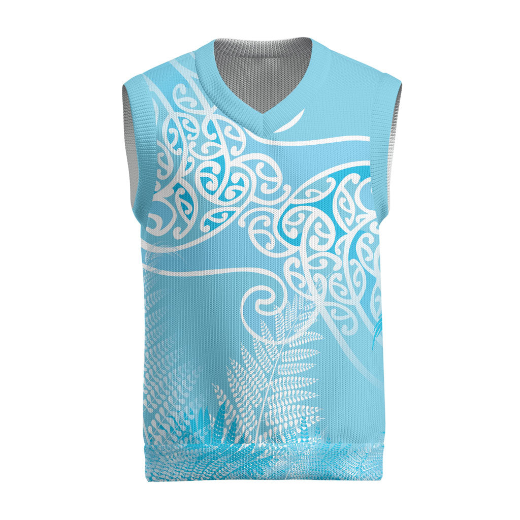 Aotearoa Maori Koru Curves Christmas Knitted V-Neck Vest Silver Ferns - Turquoise